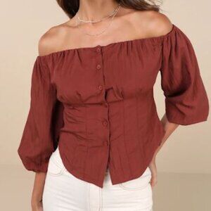 Lulus Women Delighted Approach Puff Sleeve Off-The-Shoulder Top Burgnady M